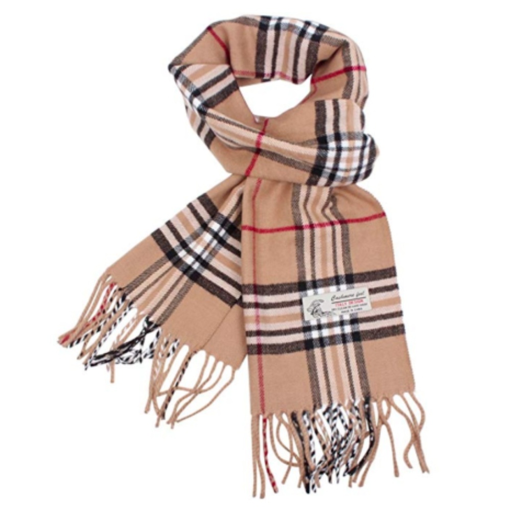 Plaid Camel Cashmere-Feel Classic Winter Scarf